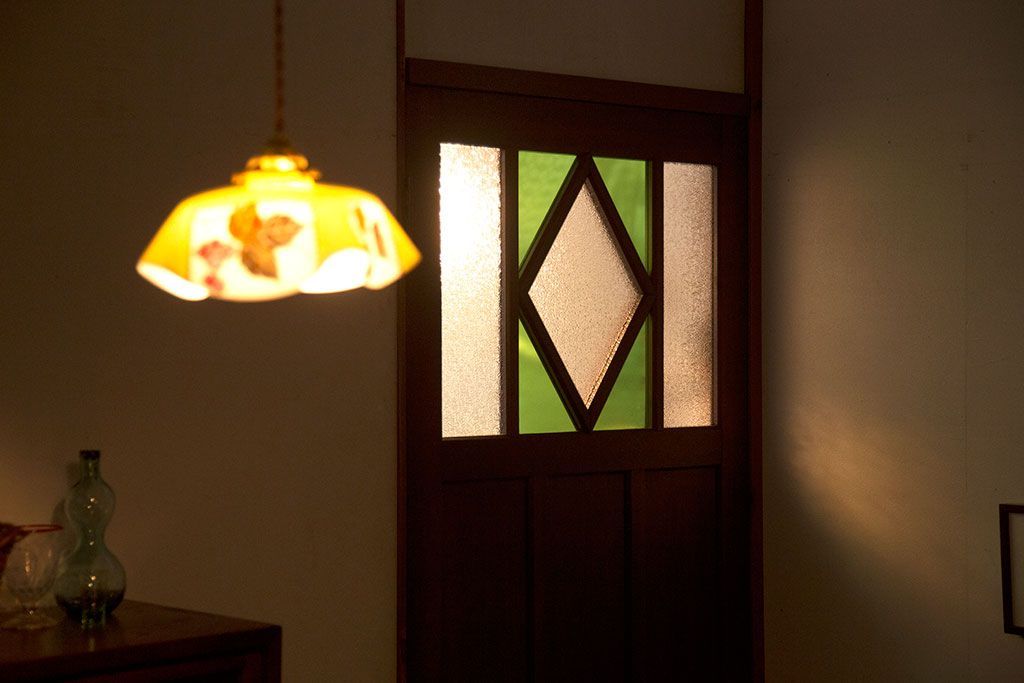 大正ロマン　色ガラス・ダイヤガラス入り!古い木製のドア