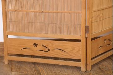 古民具・骨董　古い木味の折り畳み式パーテーション(四連屏風衝立て)(3)