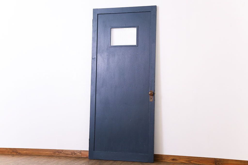 【S様ご成約分】銀モールガラス入りのレトロなネイビーペイントアンティークドア