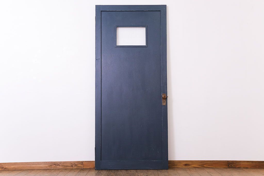 【S様ご成約分】銀モールガラス入りのレトロなネイビーペイントアンティークドア