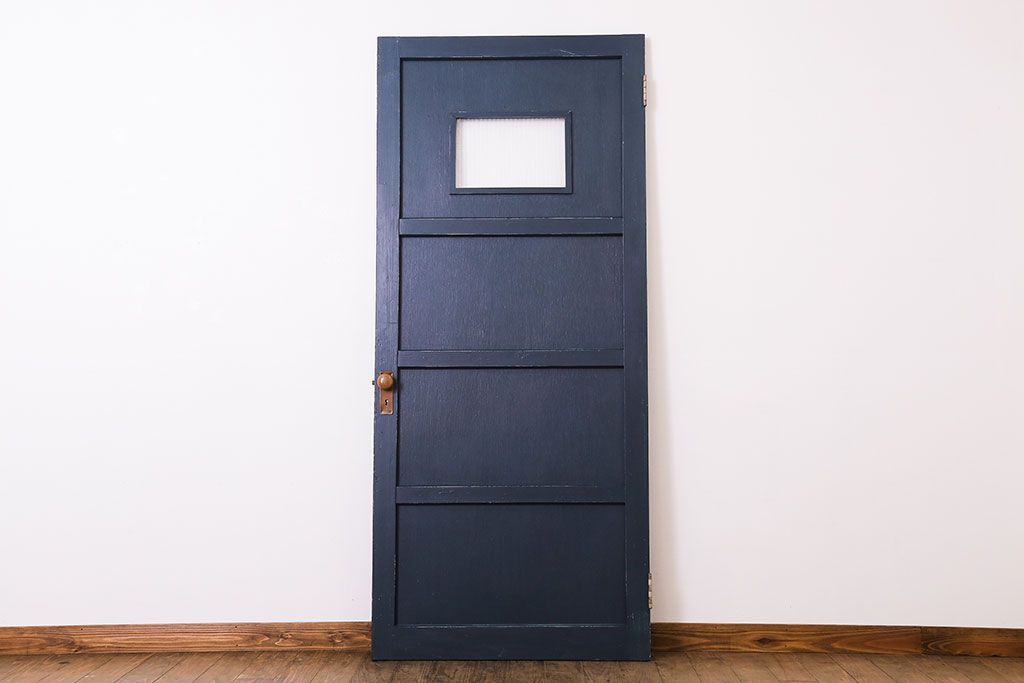 【S様ご成約分】銀モールガラス入りのレトロなネイビーペイントアンティークドア