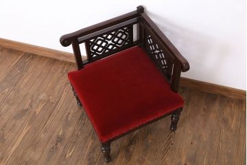アンティーク家具　大正ロマン　ナラ材製　透かし彫りが美しい和製アンティークコーナーソファ(2)