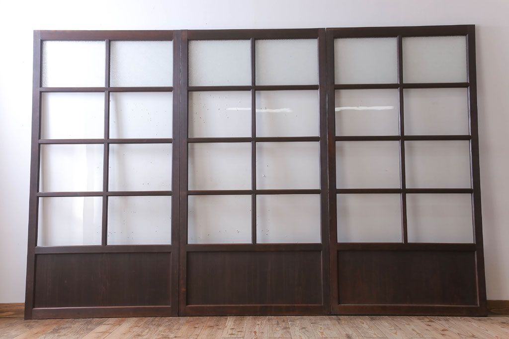 和製アンティーク　ダイヤガラス入り!古い木の上質なガラス戸3枚セット