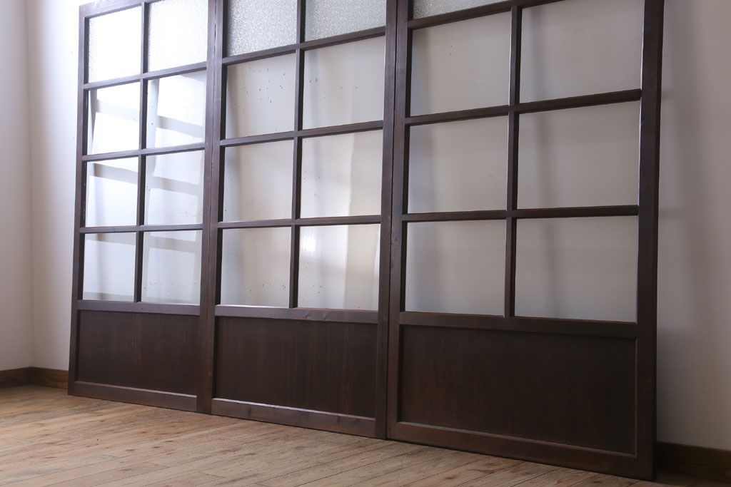 和製アンティーク　ダイヤガラス入り!古い木の上質なガラス戸3枚セット