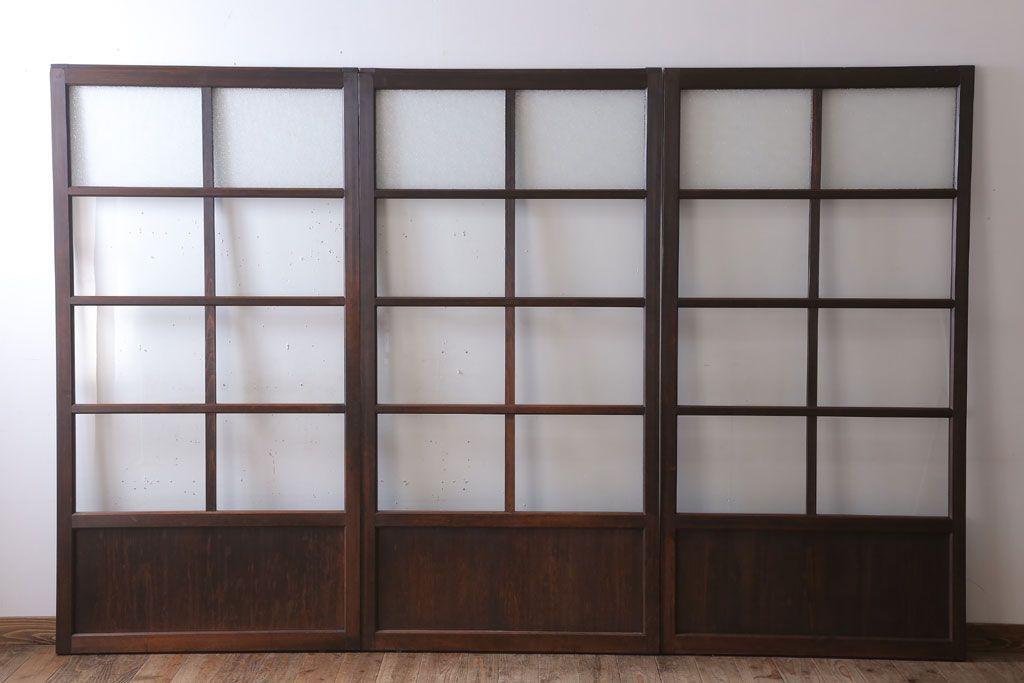 和製アンティーク　ダイヤガラス入り!古い木の上質なガラス戸3枚セット