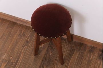 アンティーク家具　古い木製のクッション座面のアンティーク丸スツール(1)