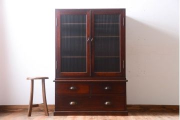 アンティーク家具　モールガラス入り!古い木製の二段重ねアンティーク収納棚