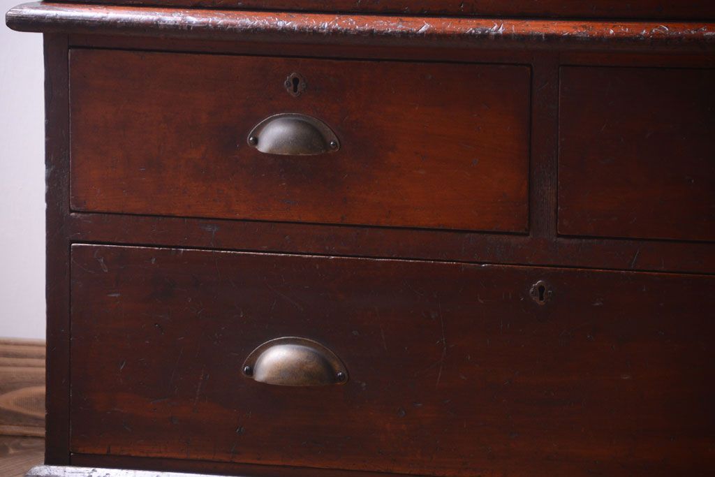 アンティーク家具　モールガラス入り!古い木製の二段重ねアンティーク収納棚