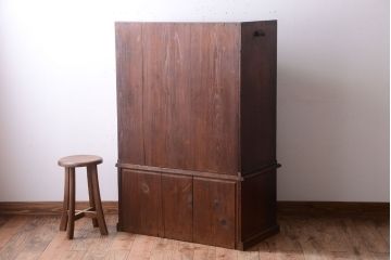 アンティーク家具　モールガラス入り!古い木製の二段重ねアンティーク収納棚