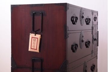 アンティーク家具　古民具・骨董　明治期　前面栗材!二段重ねのアンティーク米沢箪笥