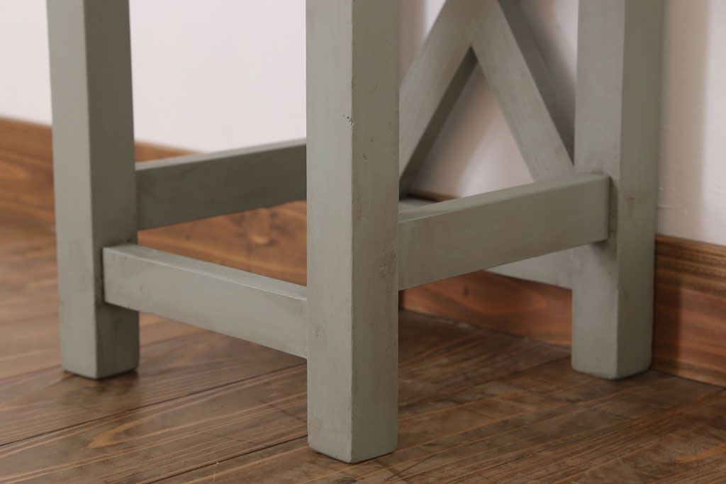 アンティーク雑貨　昭和レトロ　ペイントがかわいい角スツール(オリーブグリーン)(2)