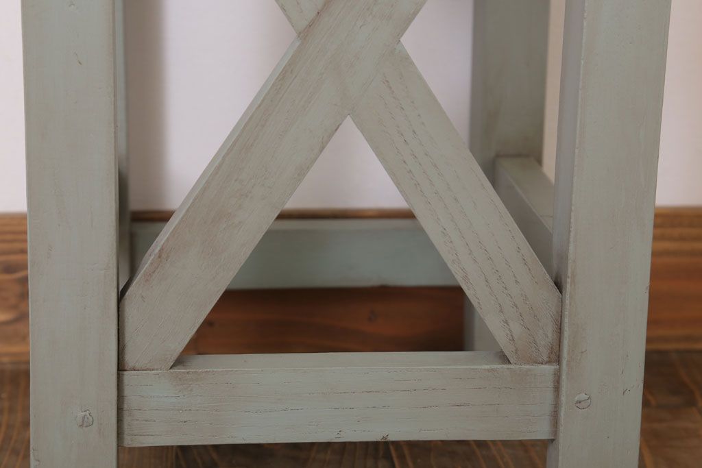 アンティーク雑貨　昭和レトロ　ペイントがかわいい角スツール(オリーブグリーン)(2)