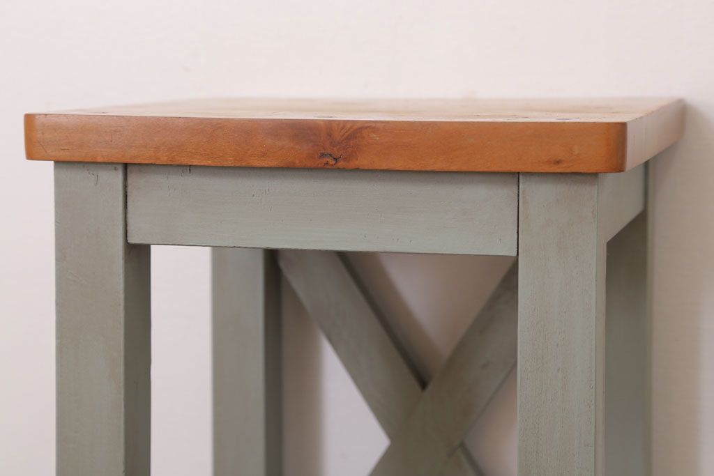 昭和レトロ　ペイントがかわいい角スツール(オリーブグリーン)(1)