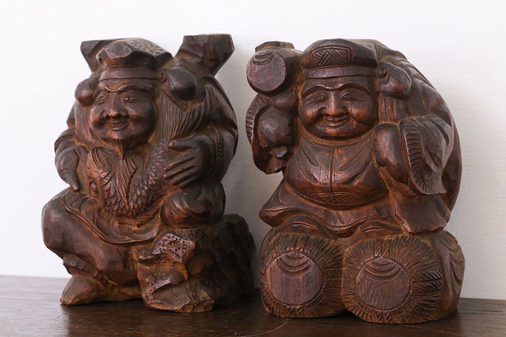 江戸時代 木彫 恵比寿様 オブジェ 古美術 古道具 アンティーク 木製 恵比寿様 民芸 置物 明治大正時代 高さ43cm