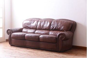 中古　イタリア製　本革　トリプルソファ(3人掛けソファ)