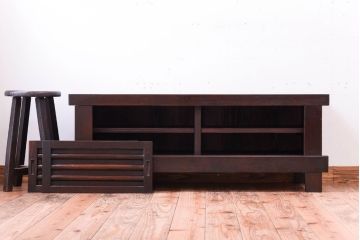 アンティーク家具　和モダンスタイル　脚付き!古い木のアンティーク四尺水屋箪笥ローボード(テレビ台、キャビネット、収納棚)
