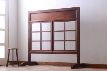 古い木製　葉ガラス入り　和製アンティークの衝立