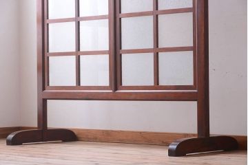 古い木製　葉ガラス入り　和製アンティークの衝立