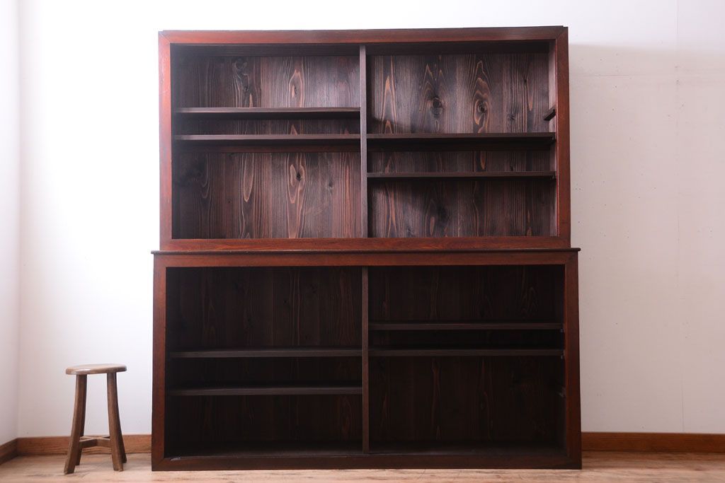 アンティーク家具　和製アンティーク　2枚引き戸!2段重ね収納棚(食器棚・キャビネット)