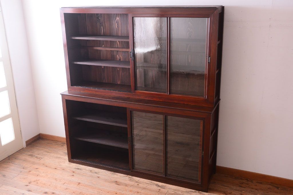 アンティーク家具　和製アンティーク　2枚引き戸!2段重ね収納棚(食器棚・キャビネット)