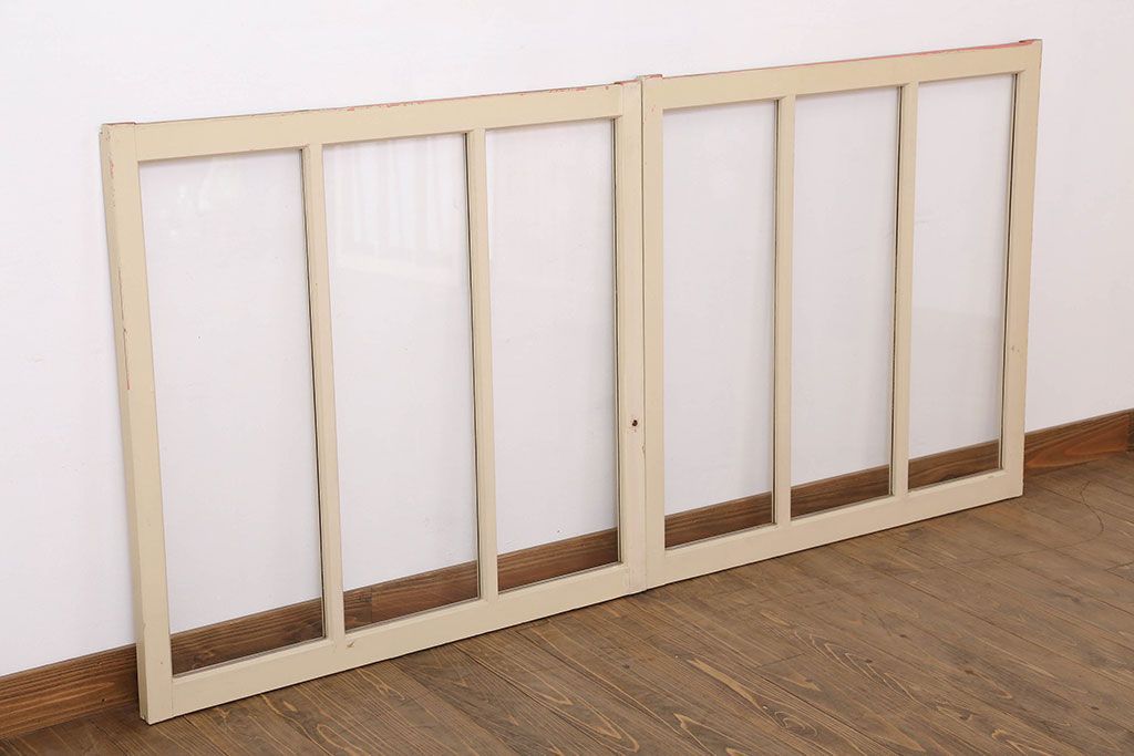 アンティークのペイント引き戸2枚セット(ガラス戸・窓)(2)