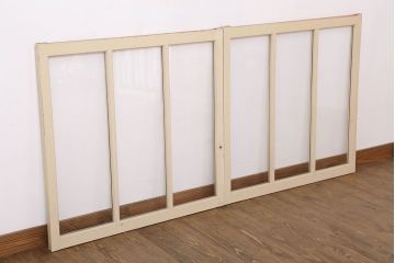 アンティークのペイント引き戸2枚セット(ガラス戸・窓)(2)