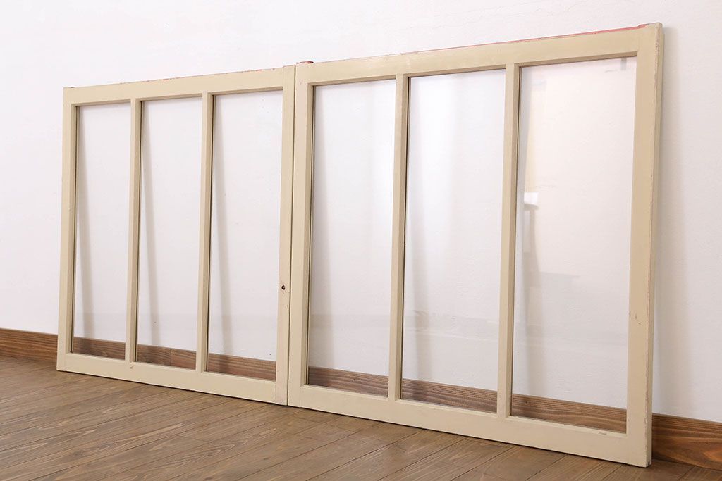 アンティークのペイント引き戸2枚セット(ガラス戸・窓)(2)