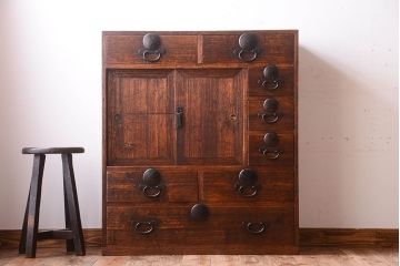 アンティーク家具　前面桐材!古い木の味わい深いアンティーク帳場箪笥(桐箪笥、桐たんす)