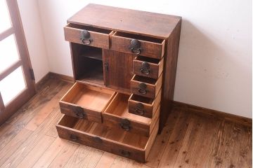 アンティーク家具　前面桐材!古い木の味わい深いアンティーク帳場箪笥(桐箪笥、桐たんす)