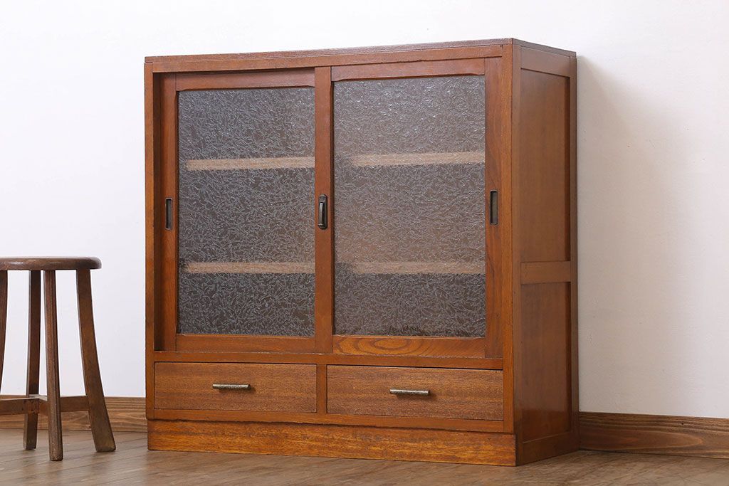 アンティーク家具　結霜ガラス入り!和製アンティーク収納棚