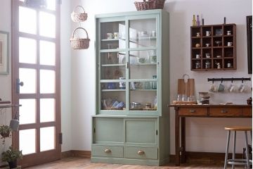 アンティーク家具　くすんだグリーンペイントの重ね収納棚(食器棚)