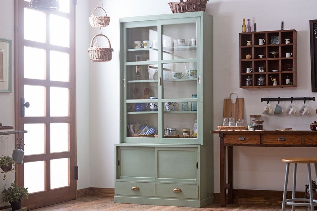 アンティーク家具　くすんだグリーンペイントの重ね収納棚(食器棚)