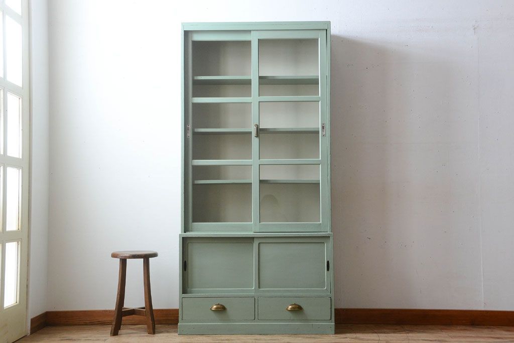 アンティーク家具　くすんだグリーンペイントの重ね収納棚(食器棚)