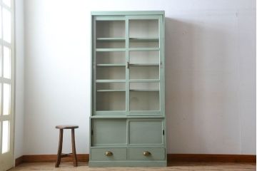 アンティーク家具　くすんだグリーンペイントの重ね収納棚(食器棚)