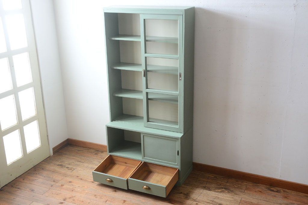 アンティーク家具　くすんだグリーンペイントの重ね収納棚(食器棚)