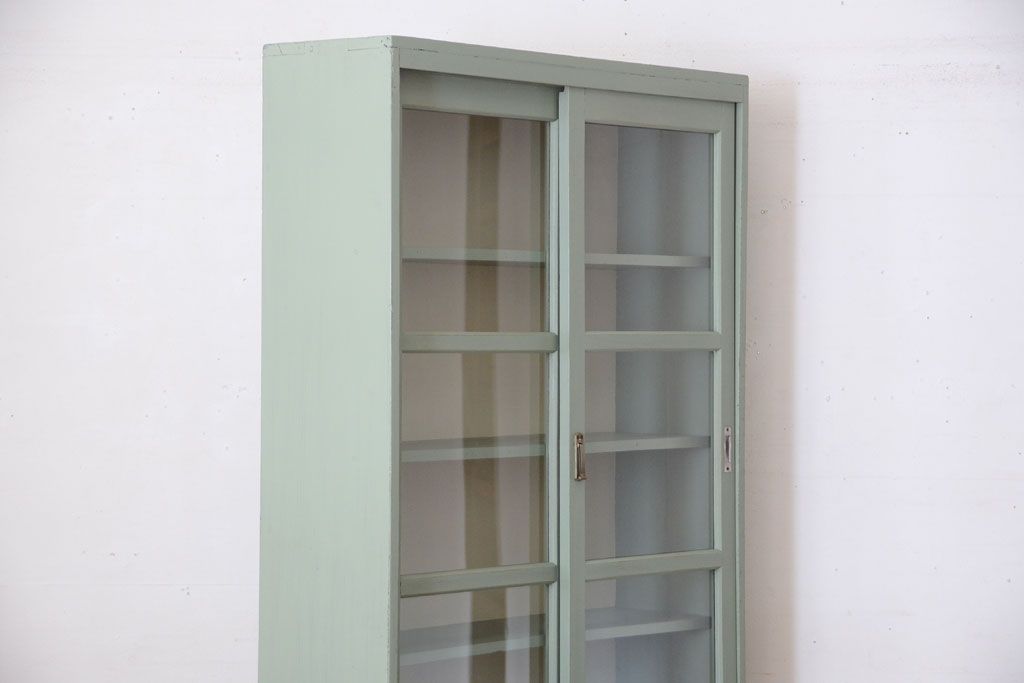 アンティーク家具　くすんだグリーンペイントの重ね収納棚(食器棚)