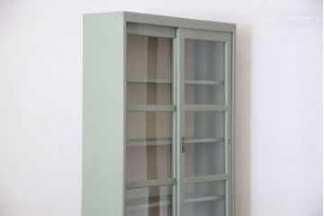 アンティーク家具　くすんだグリーンペイントの重ね収納棚(食器棚)