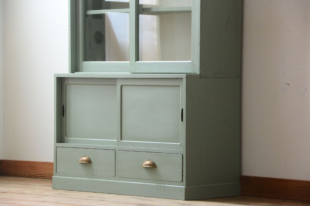アンティーク家具　くすんだグリーンペイントの重ね収納棚(食器棚)