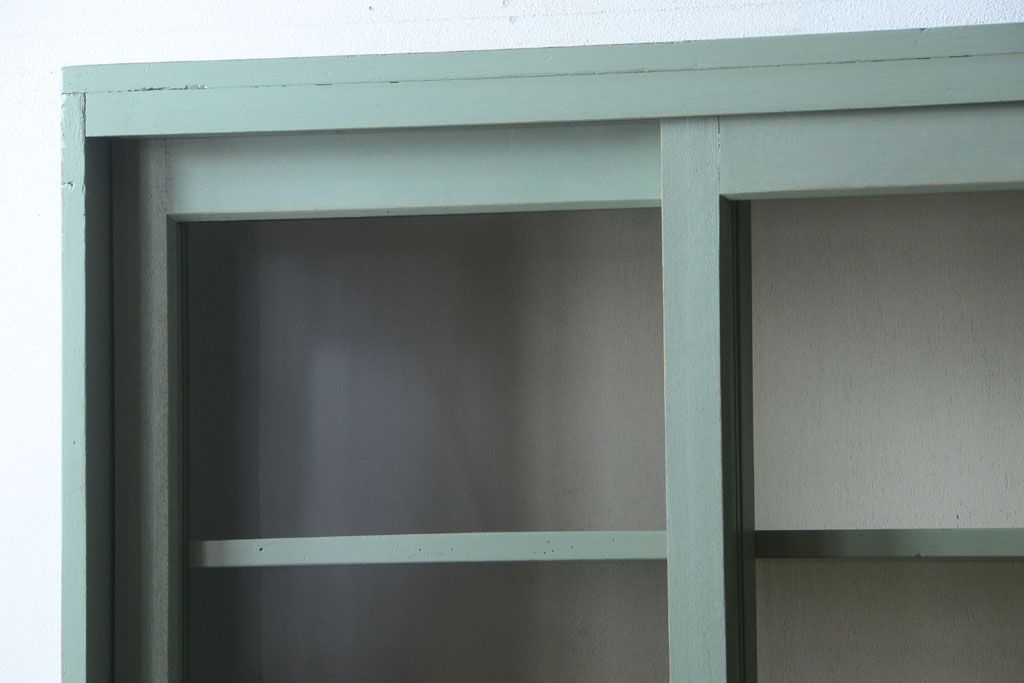 アンティーク家具　くすんだグリーンペイントの重ね収納棚(食器棚)