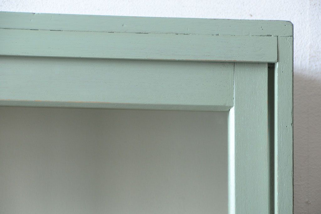 アンティーク家具　くすんだグリーンペイントの重ね収納棚(食器棚)