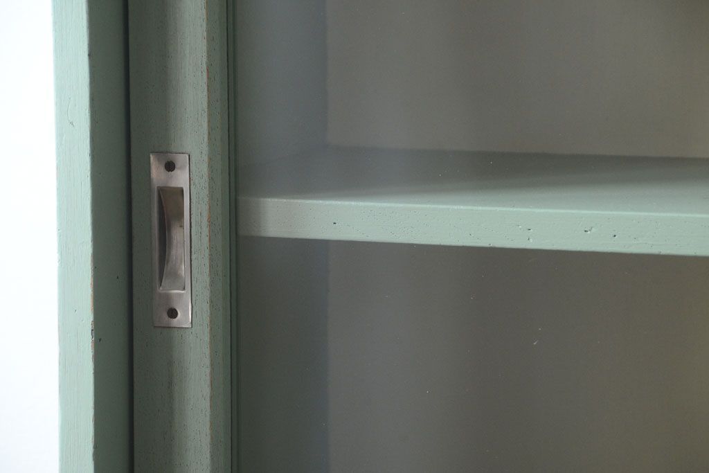 アンティーク家具　くすんだグリーンペイントの重ね収納棚(食器棚)