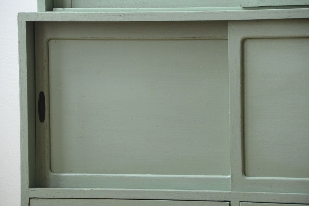 アンティーク家具　くすんだグリーンペイントの重ね収納棚(食器棚)