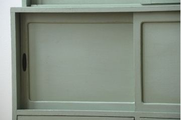 アンティーク家具　くすんだグリーンペイントの重ね収納棚(食器棚)