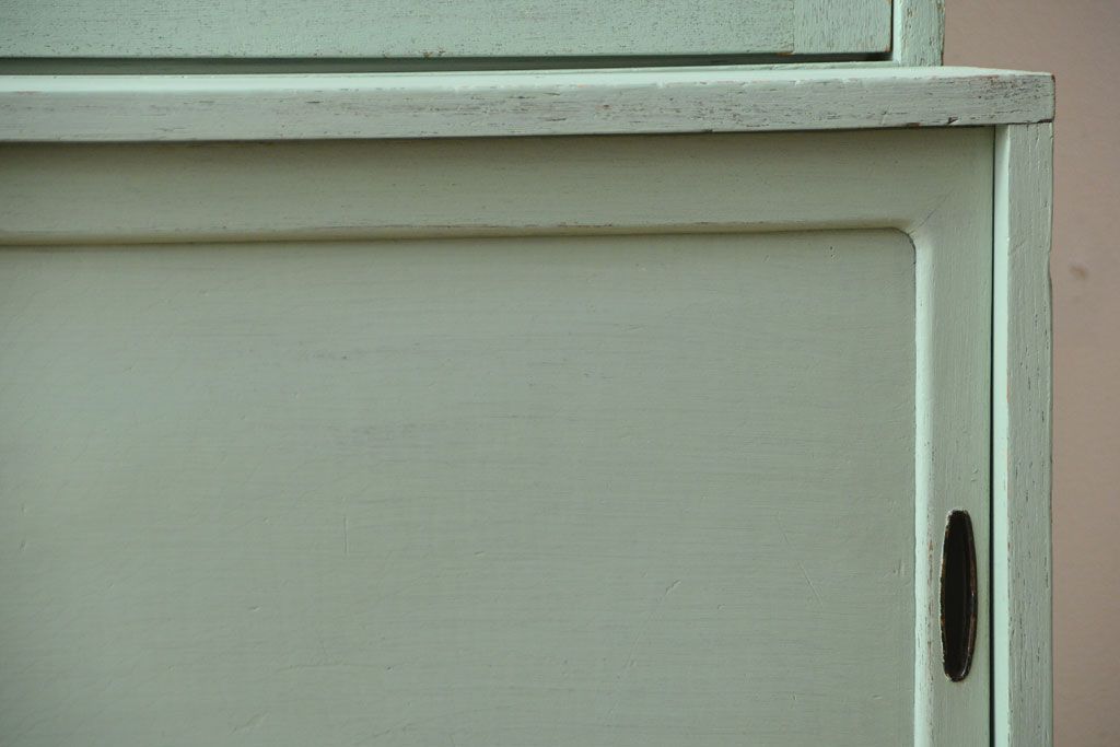 アンティーク家具　くすんだグリーンペイントの重ね収納棚(食器棚)