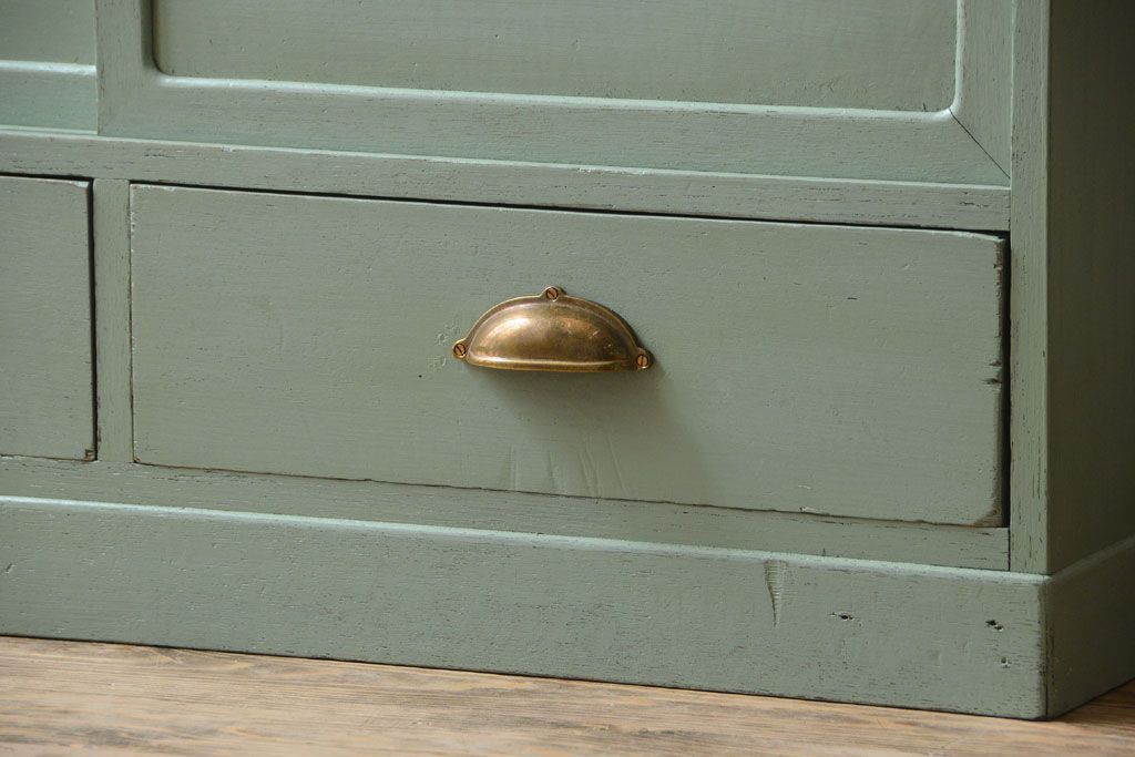 アンティーク家具　くすんだグリーンペイントの重ね収納棚(食器棚)