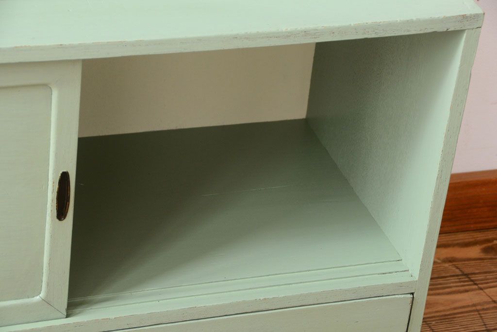 アンティーク家具　くすんだグリーンペイントの重ね収納棚(食器棚)
