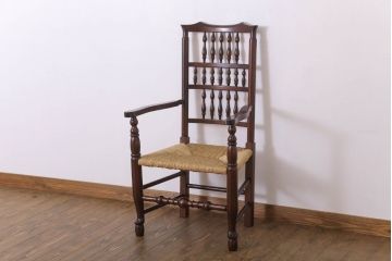 中古美品　松本民芸家具　#48型　ラッシ座面　スピンドルアームチェア(定価約14万9千円)(椅子)(3)
