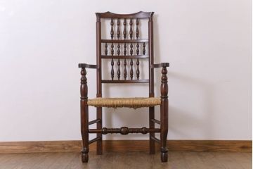 中古　松本民芸家具　美品　#48型　ラッシ座面　スピンドルアームチェア(定価約14万9千円)(椅子)(1)