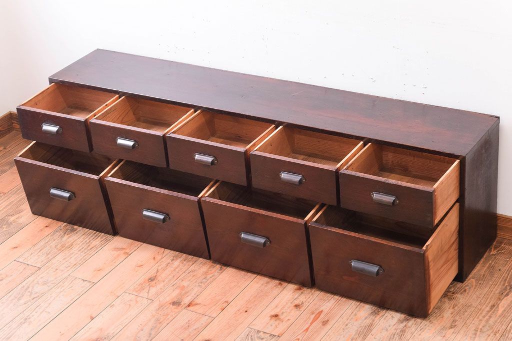 【K様ご成約済・ご決済用】大正昭和期!古い木製の薄型ローチェスト(ローボード)