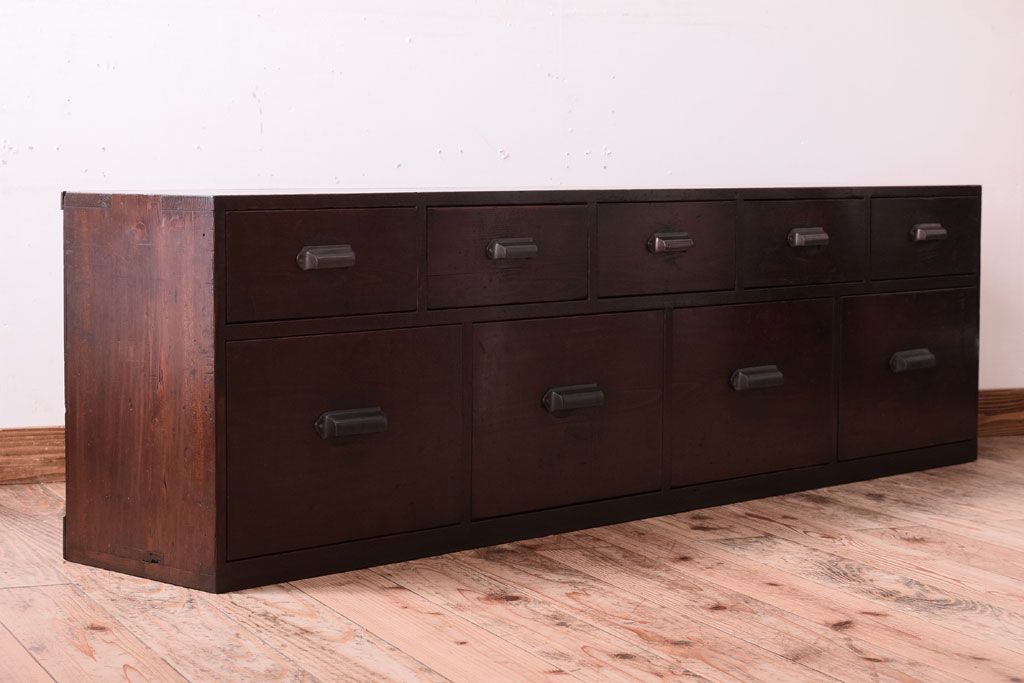 【K様ご成約済・ご決済用】大正昭和期!古い木製の薄型ローチェスト(ローボード)